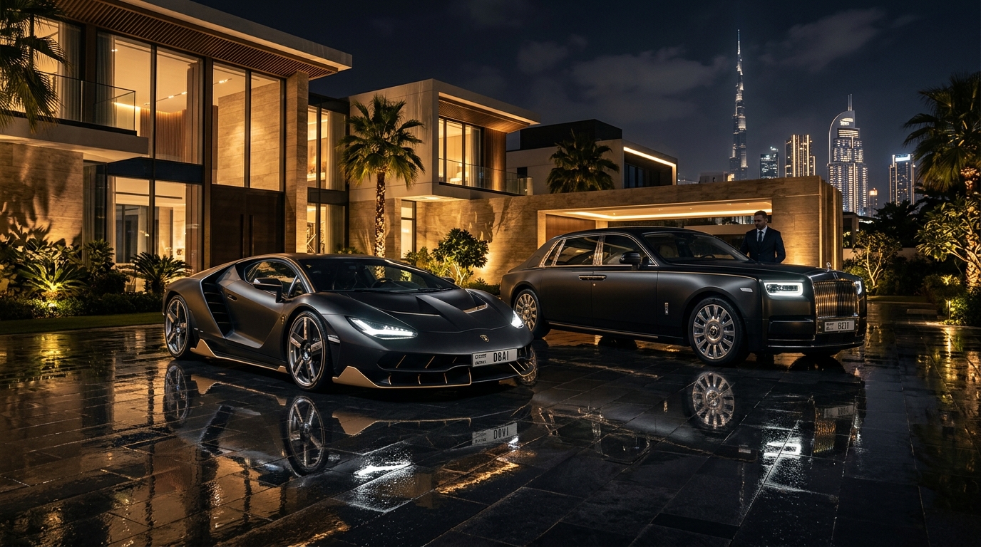 Alquiler de coches de lujo en Dubái con chófer privado y superdeportivo en una villa