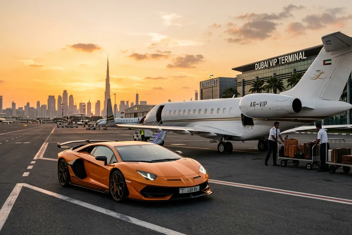 Gün batımında bagajlar yüklenirken Dubai VIP terminalinde özel jetin yanında turuncu Lamborghini