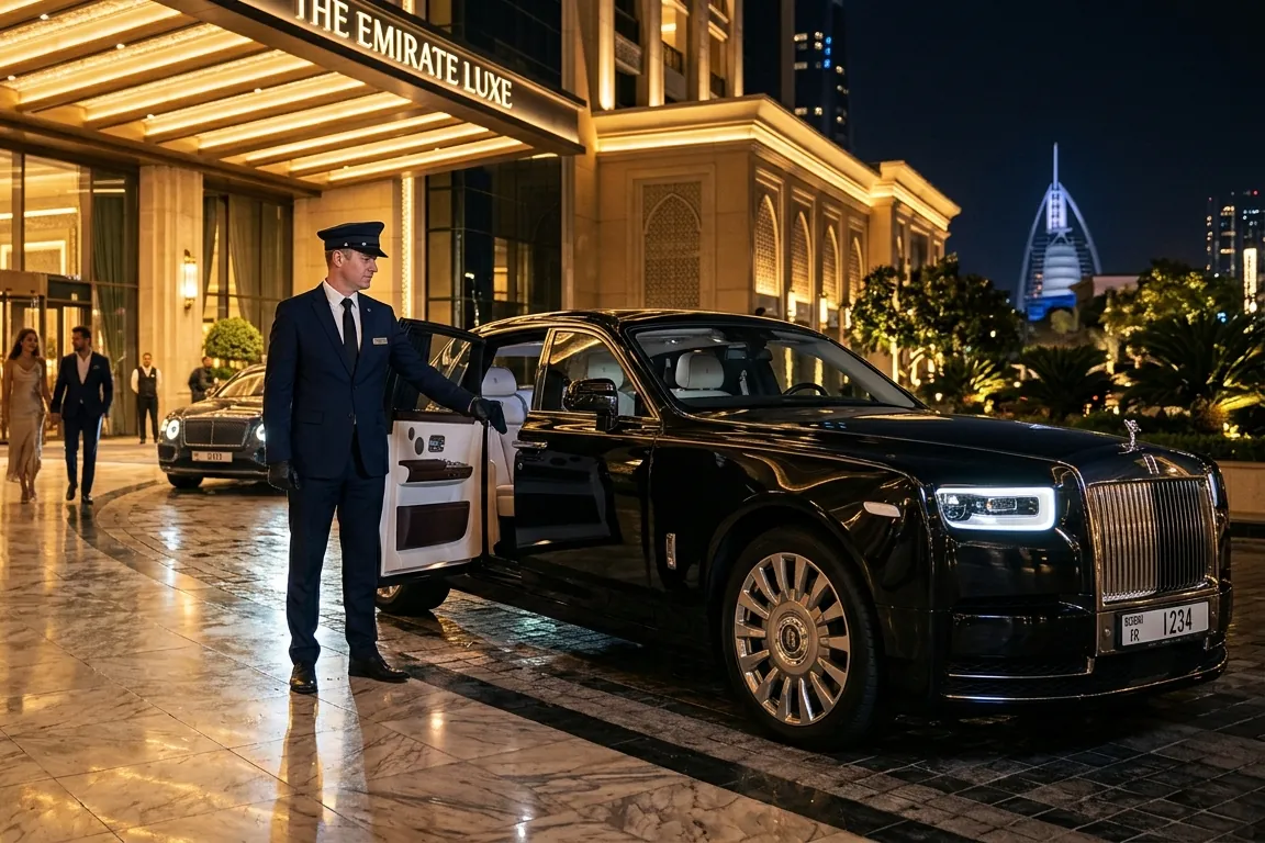 Dubai'de bir otel girişinde siyah bir Rolls-Royce'un arka kapısını açan üniformalı şoför