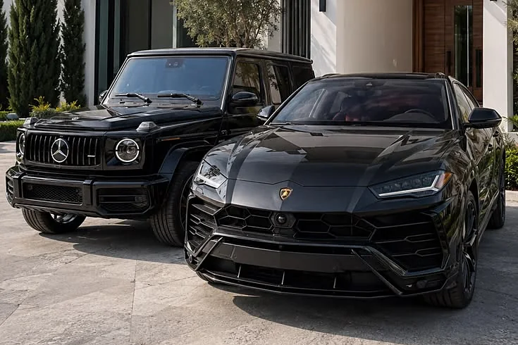 مرسيدس-AMG G 63 ولامبورغيني أوروس باللون الأسود متوقفتان أمام فيلا عصرية في دبي