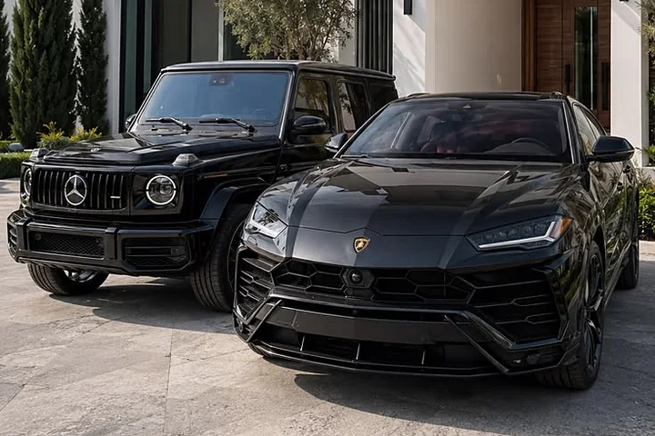 Mercedes-AMG G 63 y Lamborghini Urus negros aparcados frente a una villa moderna en Dubái