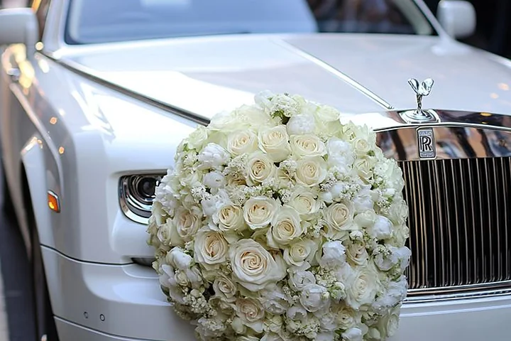 Rolls-Royce blanco decorado con rosas marfil para una boda en Dubái